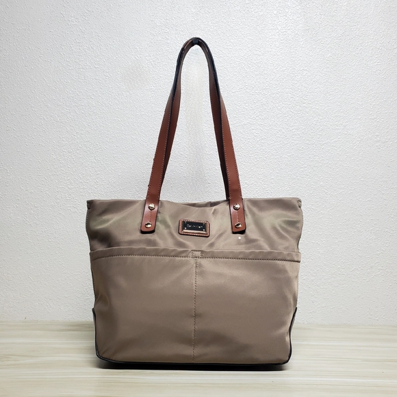 Calvin Klein Khaki Tote Bag with Brown Leather Handles - Picture 1 of 8